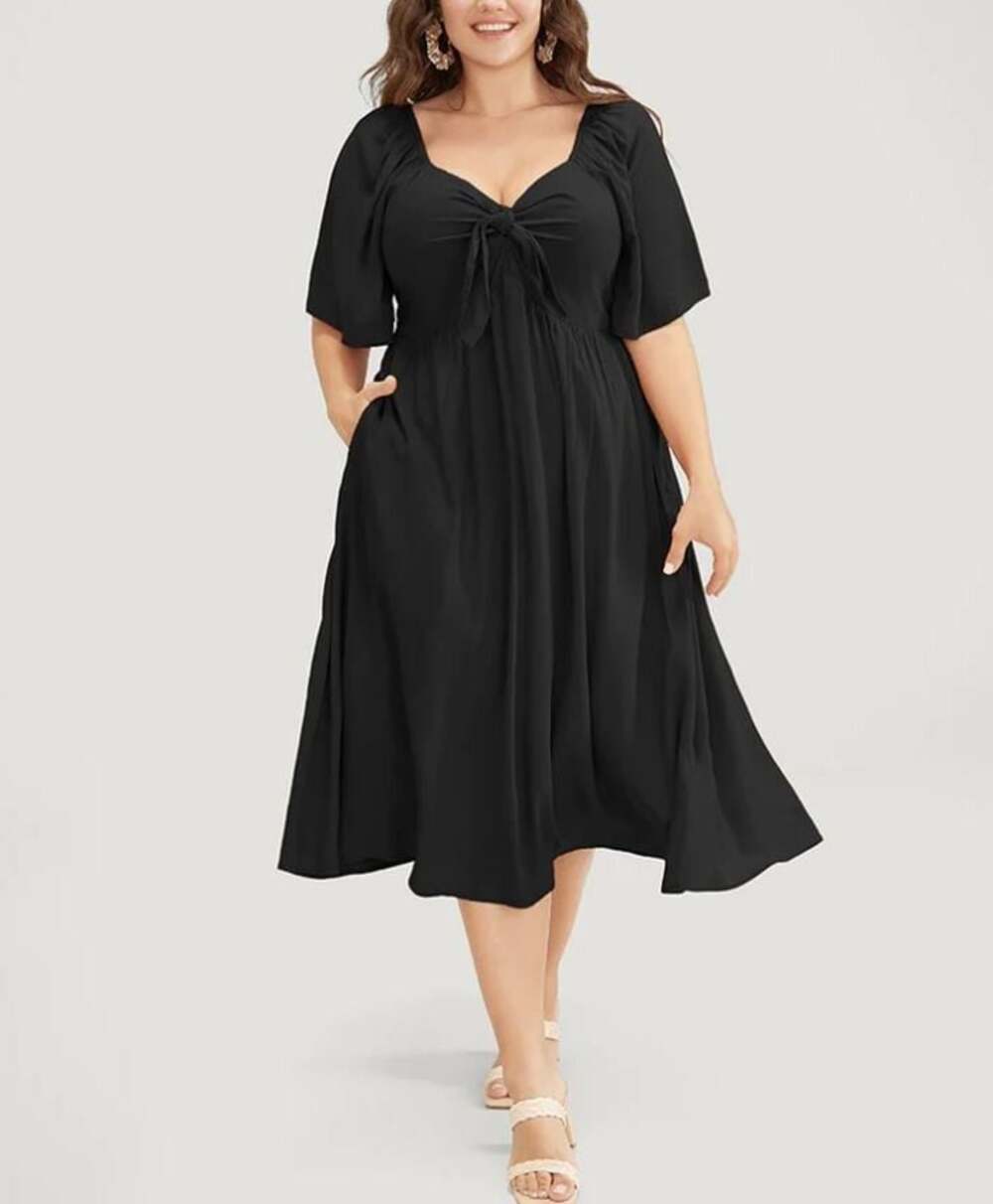 Plus Size 3x 22-24 Bloomchic V Neck Ruched Knotted Pocket Ruffle Dress